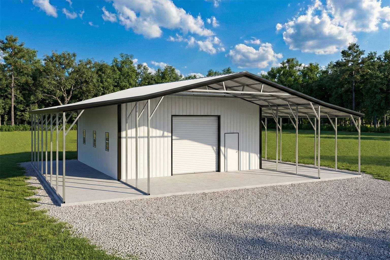 30X50X14 Combo Metal Garage/ Workshop W/Lean-To Installed 30X50 Metal Building Keen'S Buildings, 30X50X14 Combo Metal Garage/ Workshop W/Lean-To Installed, Kbg-2G305014-1D4W2Lt