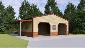24x30x9 2-Car Metal Garage Workshop with Lean-To