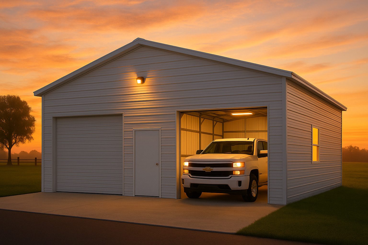 A 30x25 metal garage building is depicted, featuring multiple vehicle bays and a vertical roof design, providing ample storage space for vehicles and equipment. The structure is made of galvanized steel and includes a walk-in door, showcasing its functional and cost-effective design.