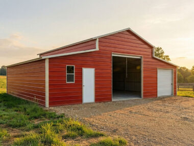 Keen's Buildings, 42x35 Enclosed Red Steel Barn, KRCB-183512-12L8-2G1D1W