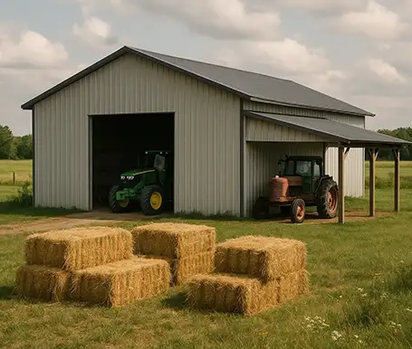 Pole Barn on working Farm with Tractors in it
