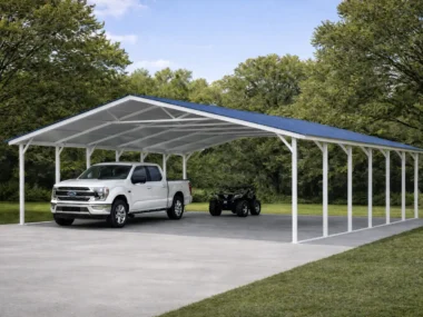 28x40 carport with a truck hitched to a tailer and fishing boat