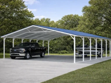 28x40 carport sheltering a bass boat and truck underneath