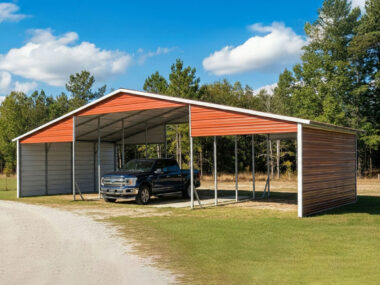 42x21x9 semi-enclosed metal step down barn (with lean-tos)