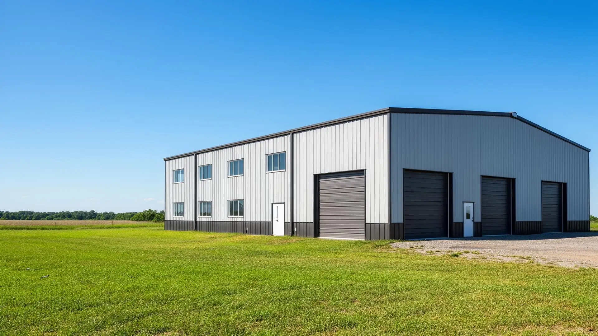 Custom steel building at golden hour in an open field