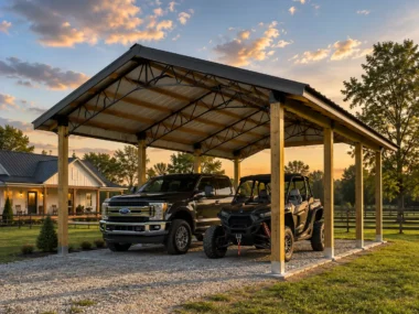 24x30 open pole barn with vehicles underneath