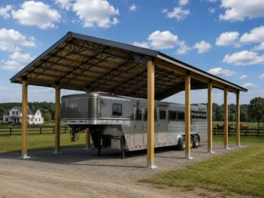 30x40 Pole Barn with Horse Trailer underneath on a property in Georgia