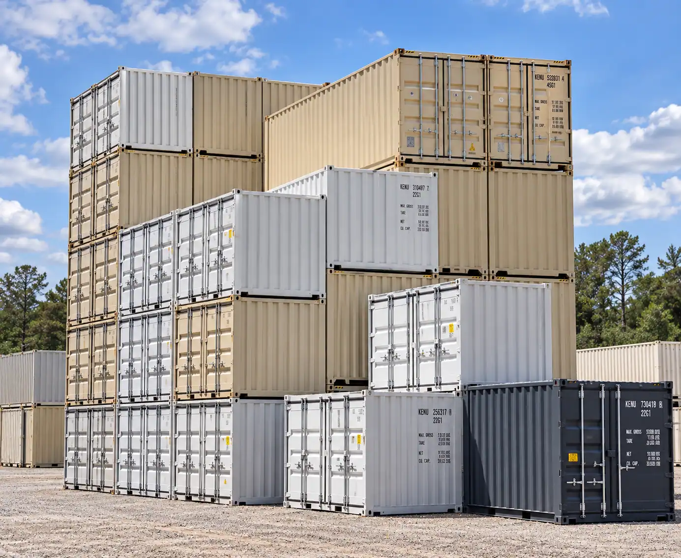Stacks of new and used steel shipping containers in ivory, white and grey on a gravel lot