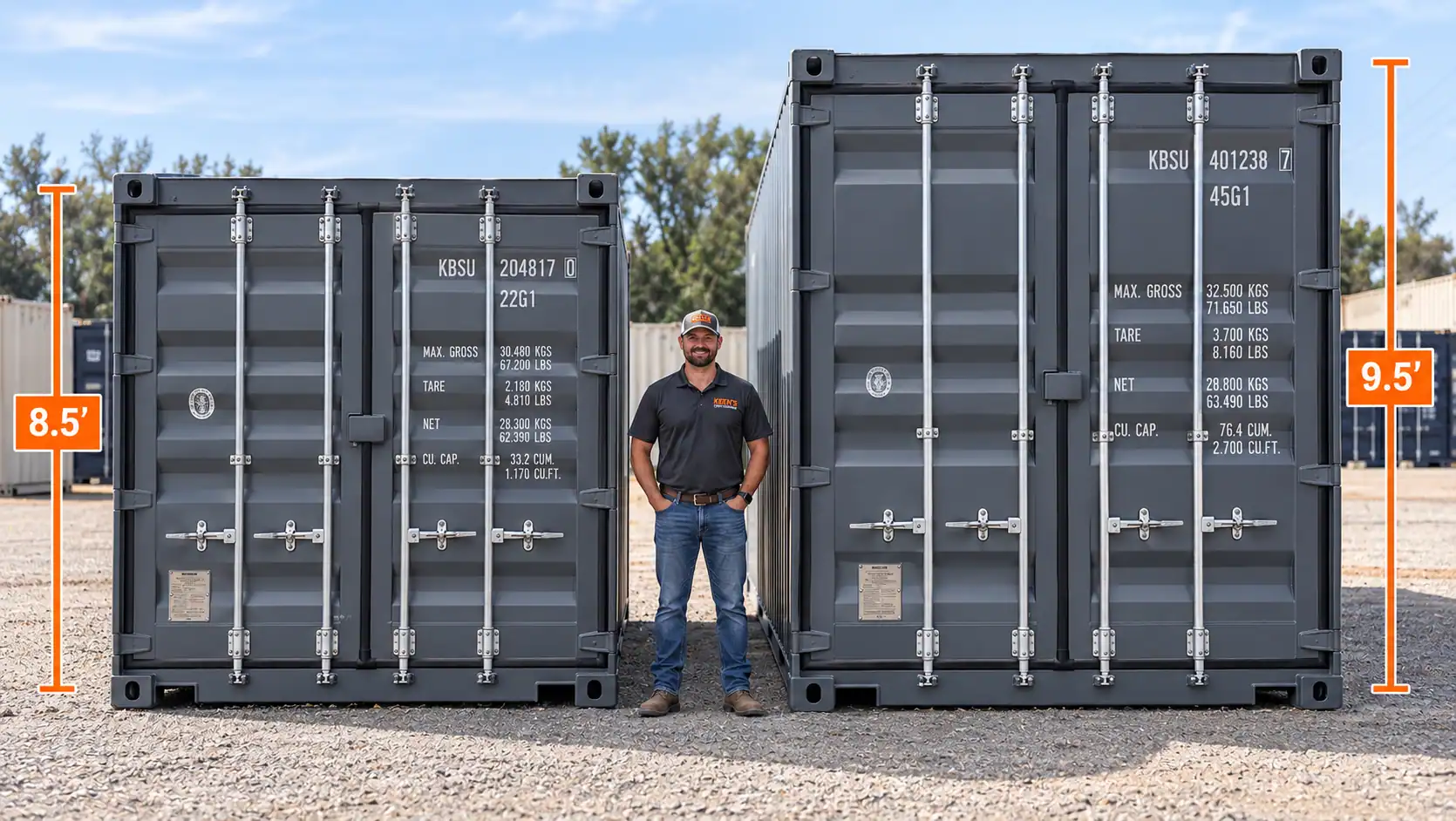 A standard 8.5 ft shipping container and a 9.5 ft High Cube container side by side, with a man standing between them for scale