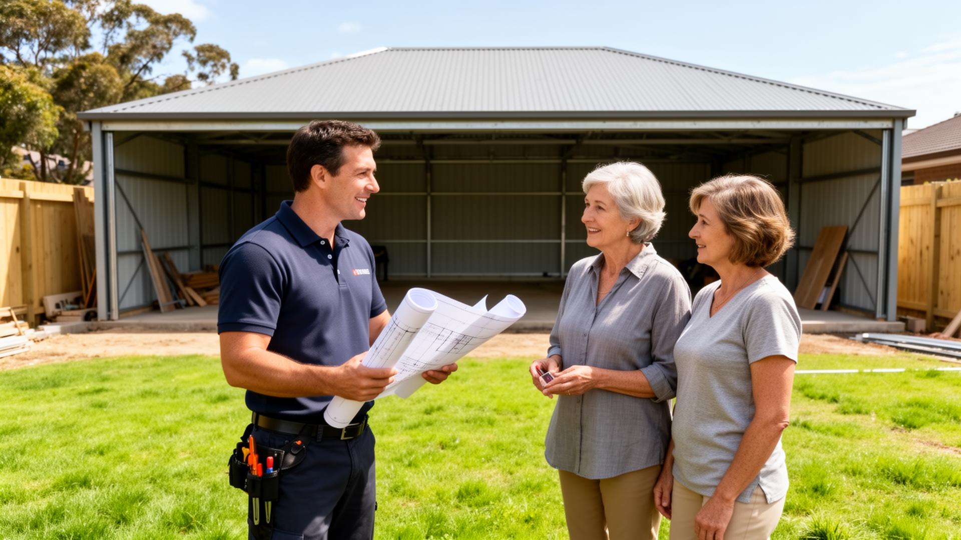 Keen'S Specialist Discussing Building Plans With Customers In Their Backyard